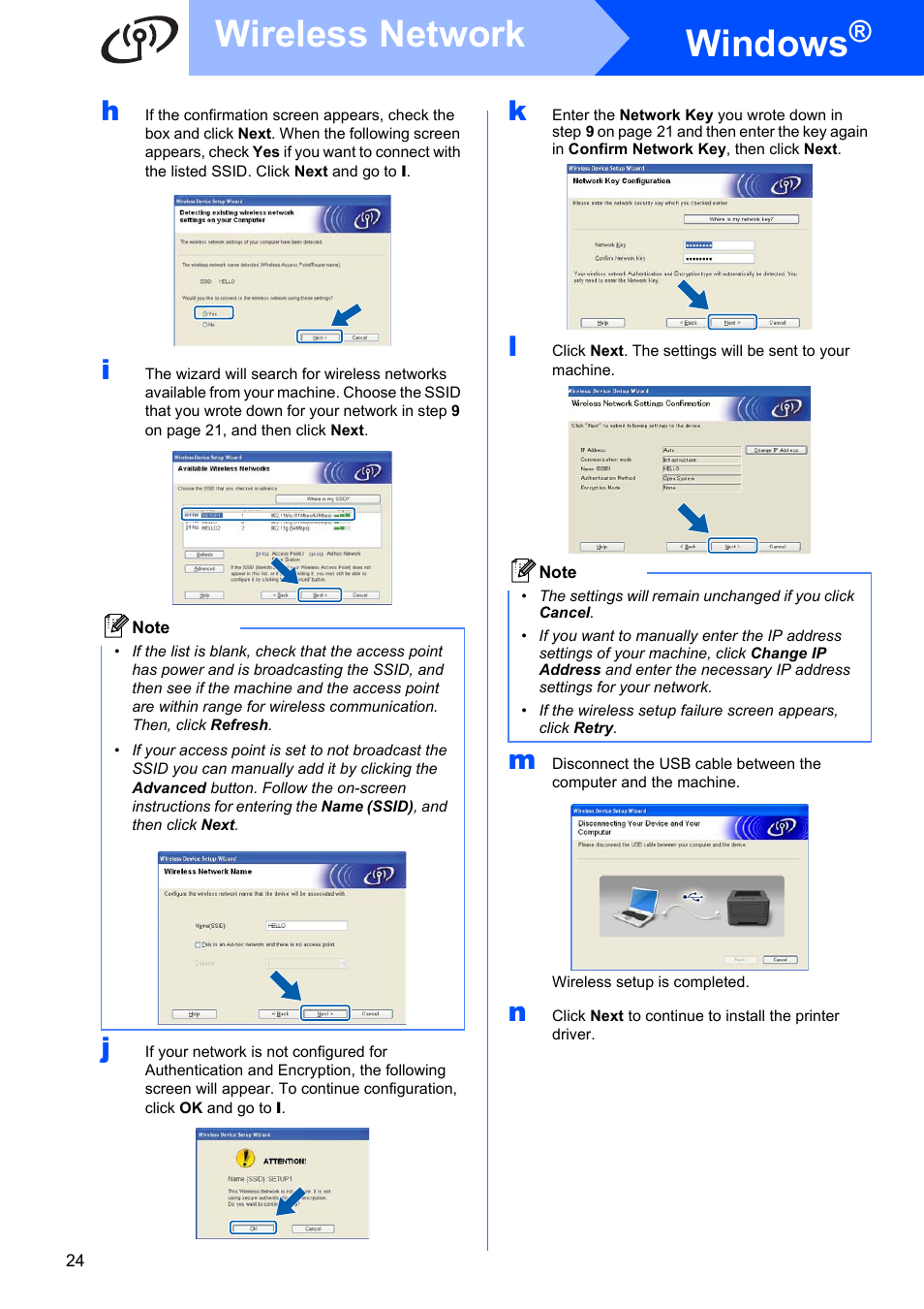 Windows, Wireless network | Brother HL 3070CW User Manual | Page 24 / 50