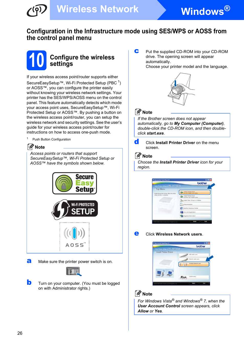 10 configure the wireless settings, Windows, Wireless network | Configure the wireless settings | Brother HL 3070CW User Manual | Page 26 / 50