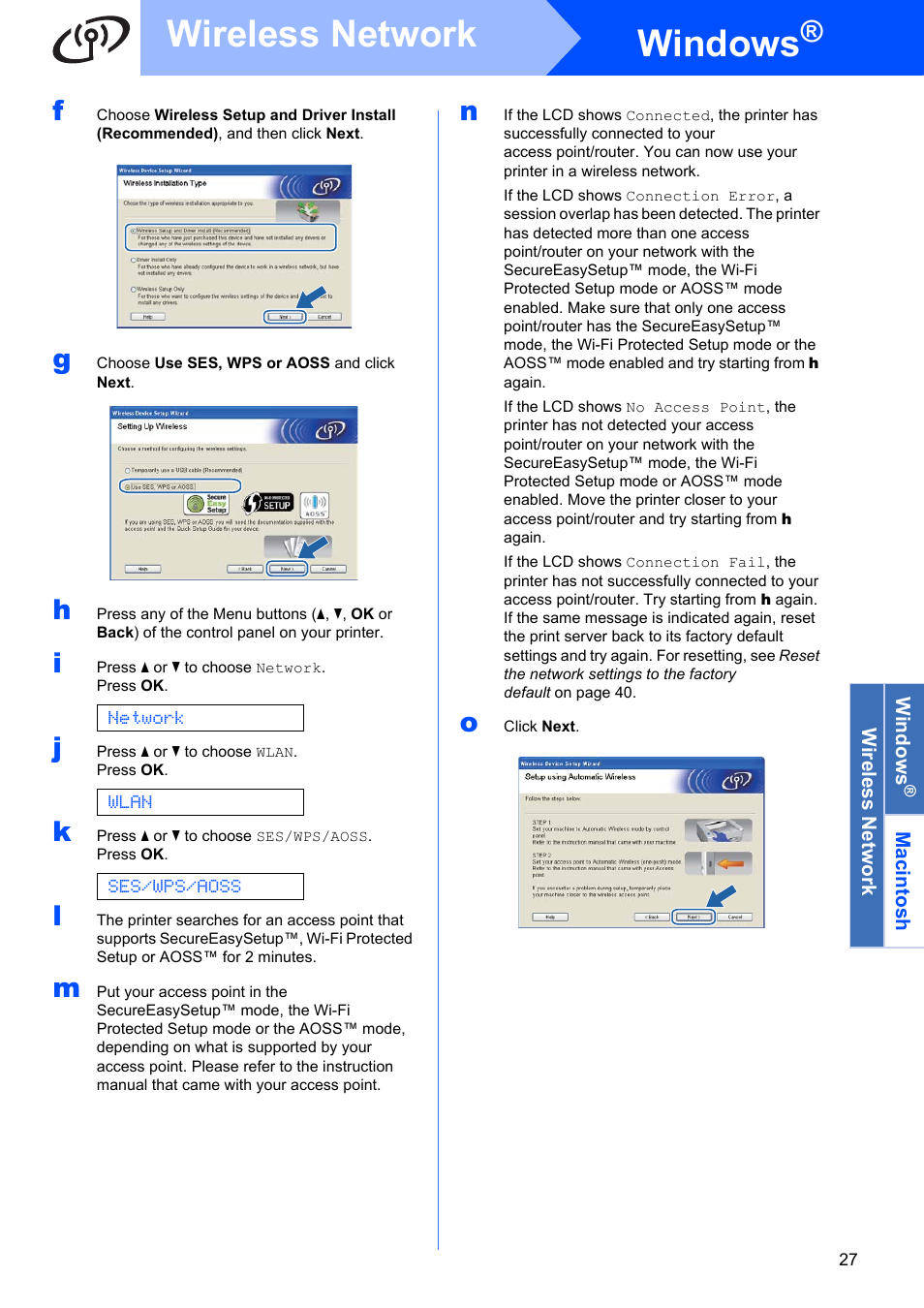 Windows, Wireless network | Brother HL 3070CW User Manual | Page 27 / 50