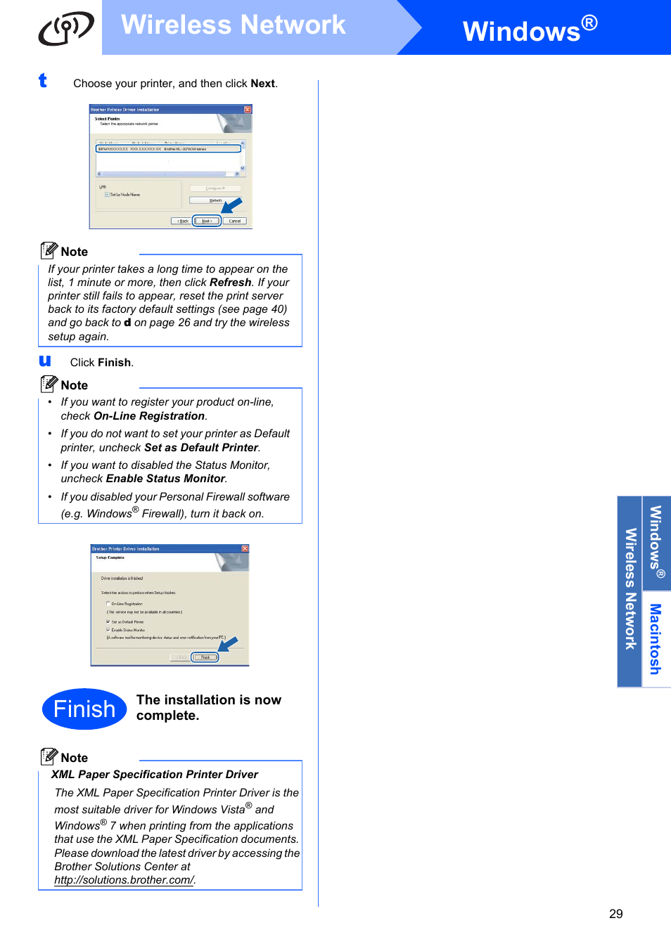 Windows, Wireless network, Finish | Brother HL 3070CW User Manual | Page 29 / 50