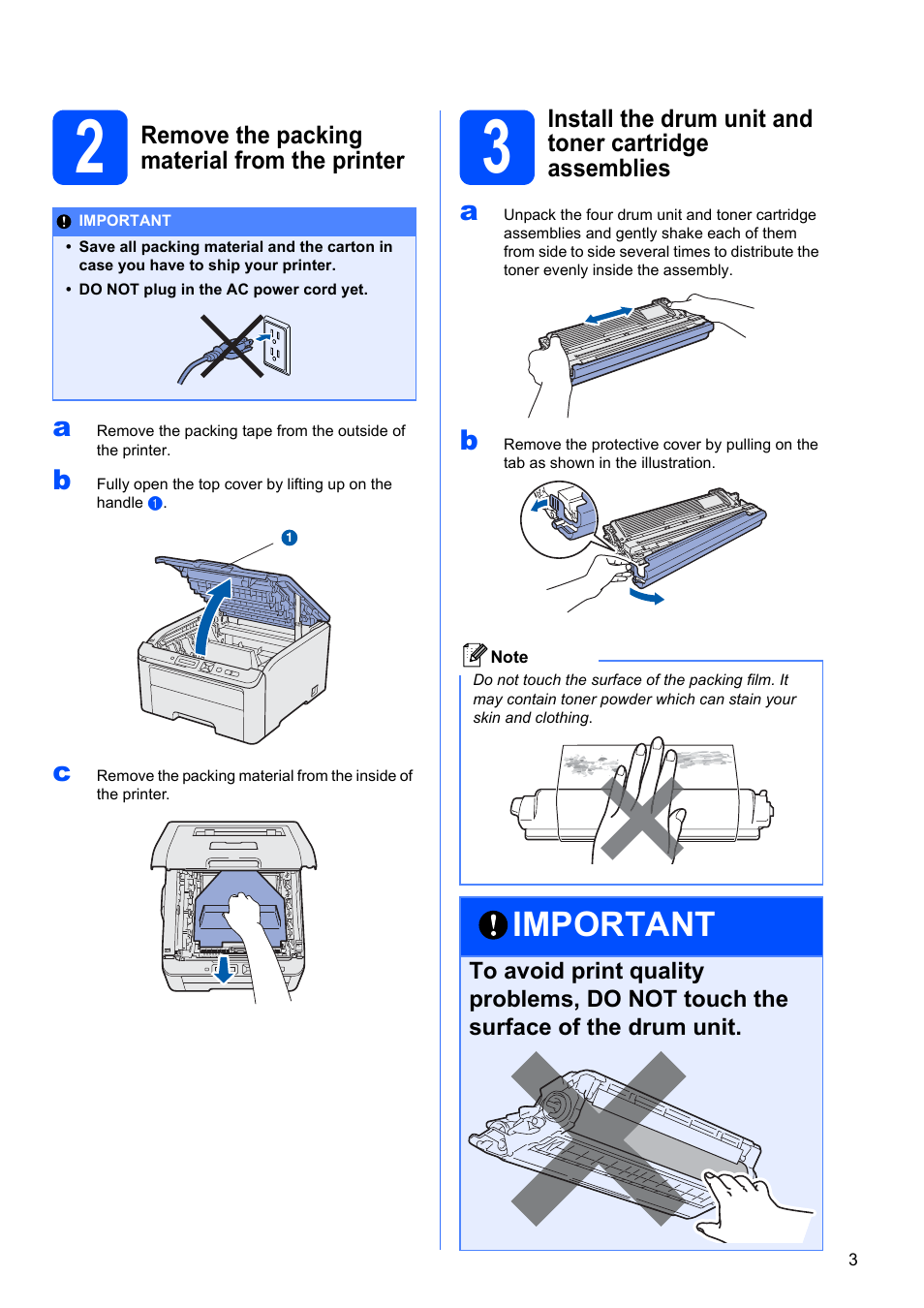 2 remove the packing material from the printer, Important | Brother HL 3070CW User Manual | Page 3 / 50