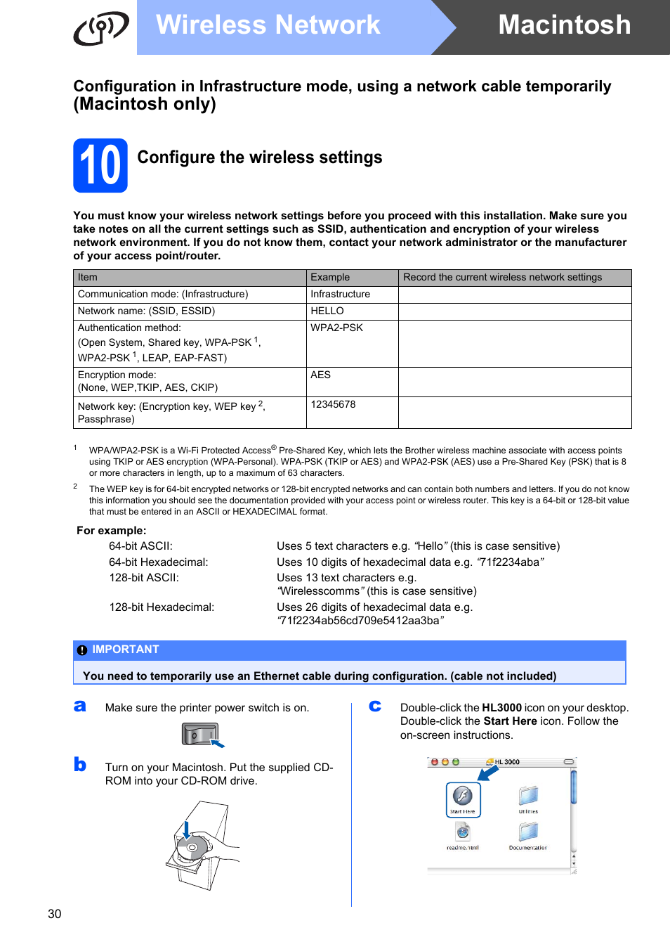 10 configure the wireless settings, Macintosh wireless network, Macintosh only) | Configure the wireless settings | Brother HL 3070CW User Manual | Page 30 / 50