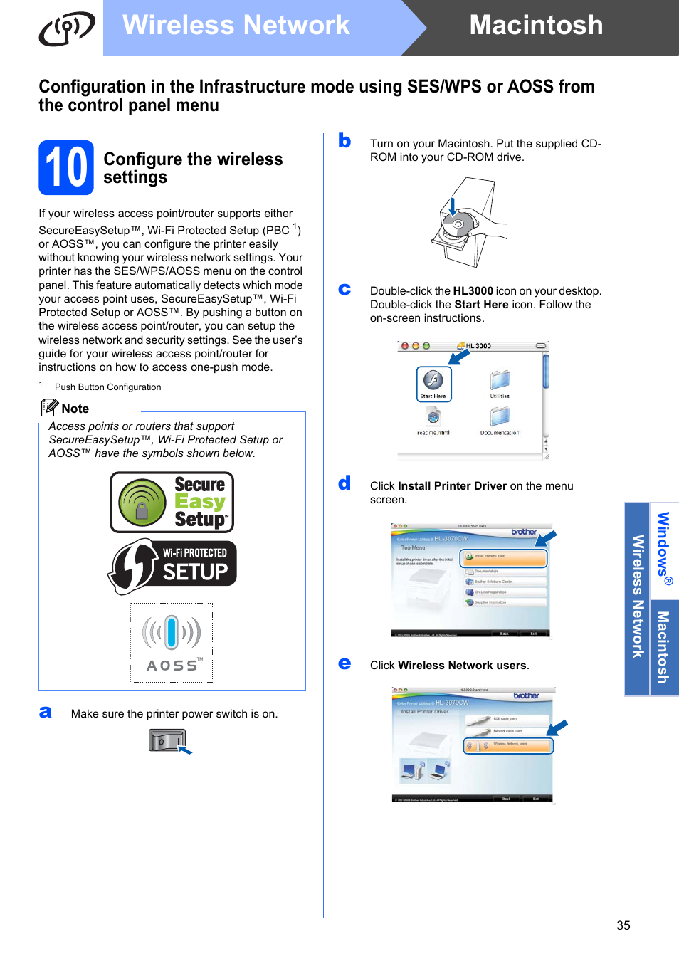 10 configure the wireless settings, Macintosh wireless network, Configure the wireless settings | Brother HL 3070CW User Manual | Page 35 / 50