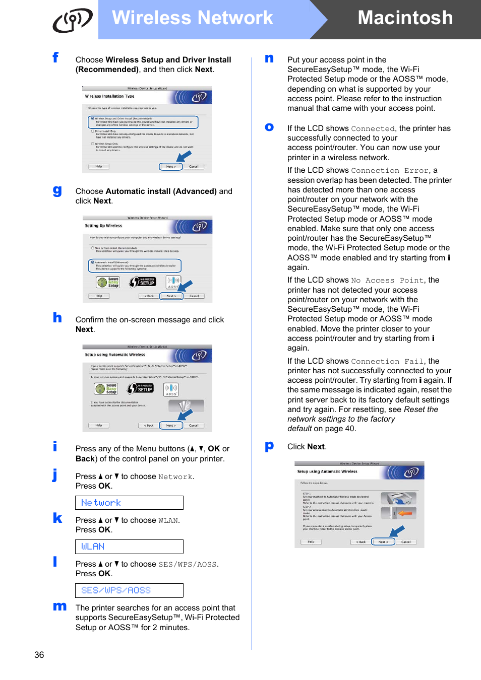 Macintosh wireless network | Brother HL 3070CW User Manual | Page 36 / 50