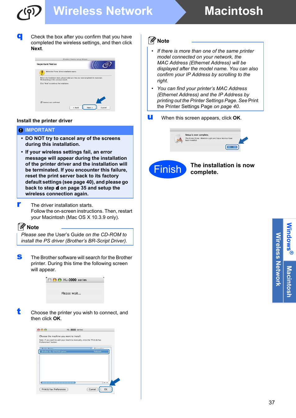 Macintosh wireless network, Finish | Brother HL 3070CW User Manual | Page 37 / 50