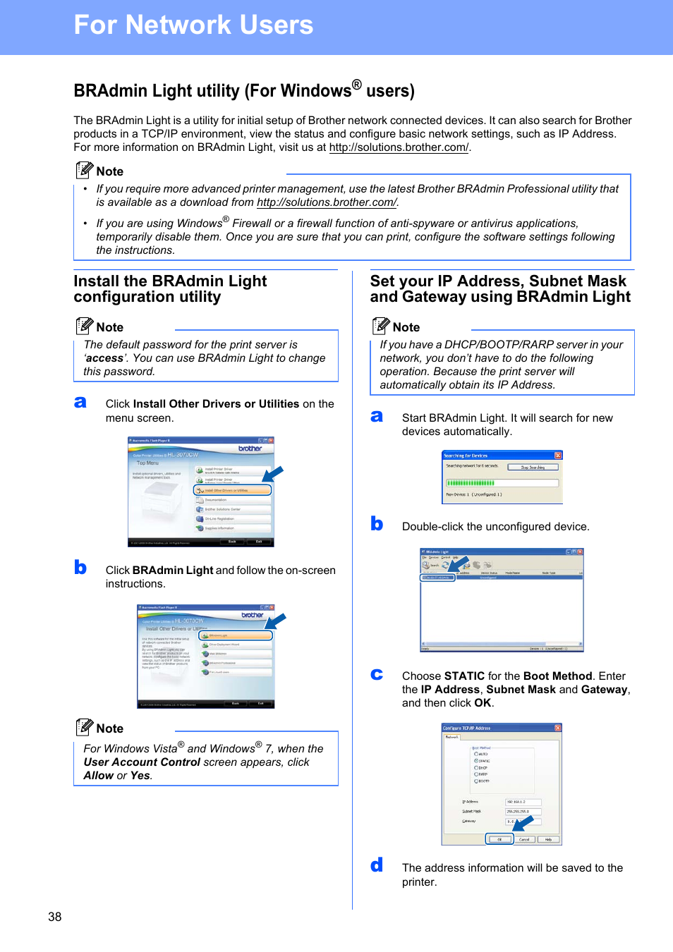 For network users, Bradmin light utility (for windows® users), Install the bradmin light configuration utility | Bradmin light utility (for windows, Users) | Brother HL 3070CW User Manual | Page 38 / 50