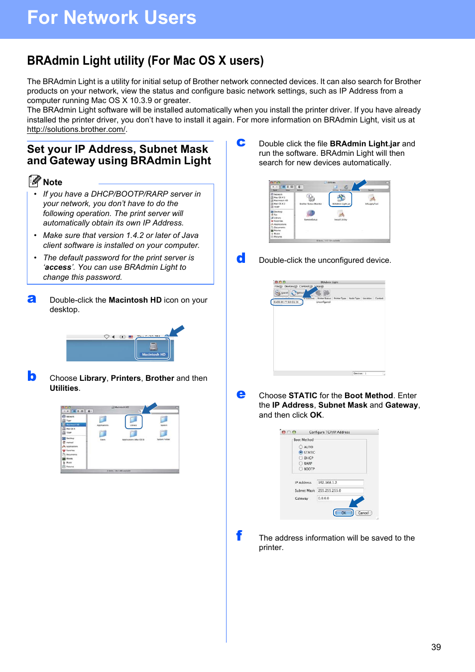Bradmin light utility (for mac os x users), For network users | Brother HL 3070CW User Manual | Page 39 / 50