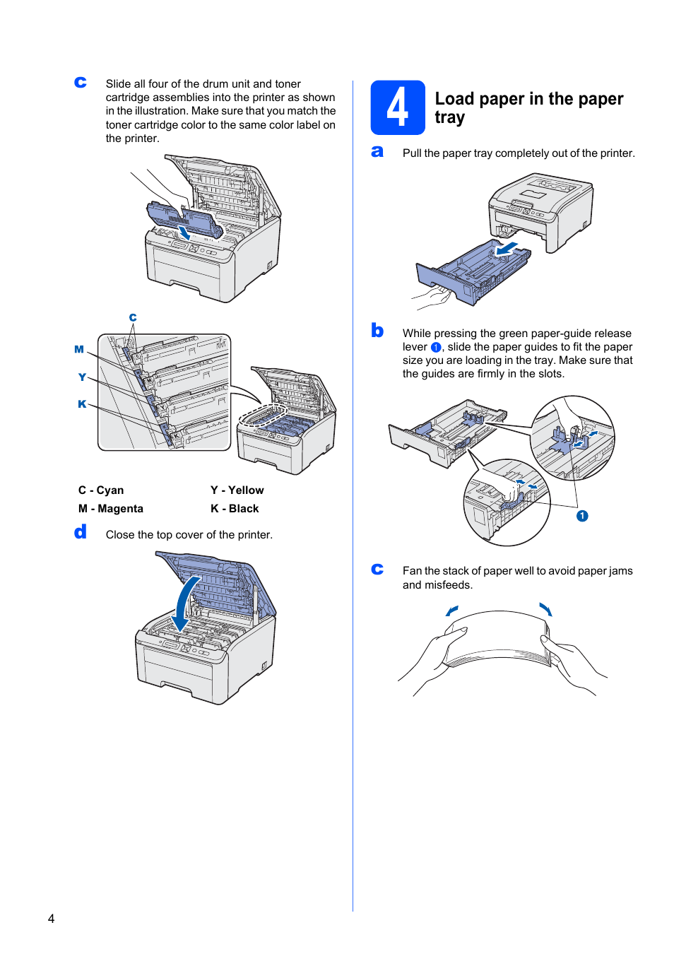 4 load paper in the paper tray, Load paper in the paper tray | Brother HL 3070CW User Manual | Page 4 / 50