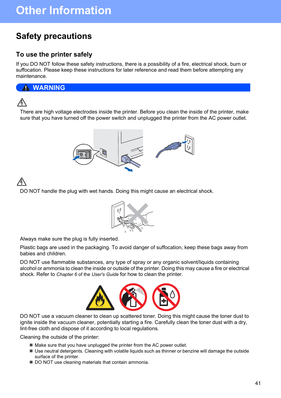 Other information, Safety precautions, To use the printer safely | Warning | Brother HL 3070CW User Manual | Page 41 / 50