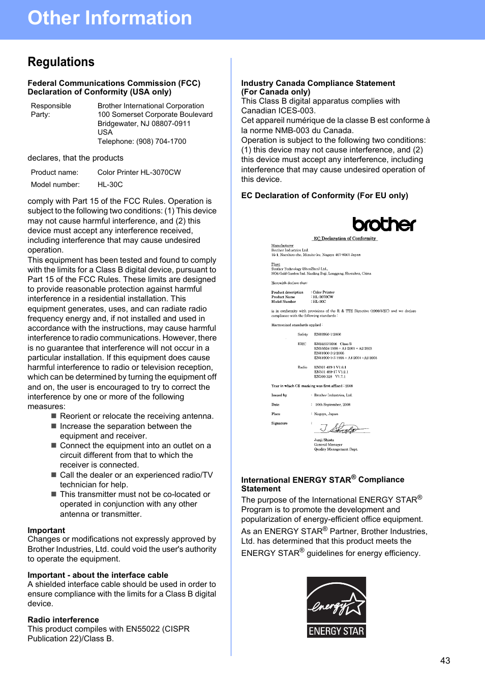 Regulations, Other information | Brother HL 3070CW User Manual | Page 43 / 50