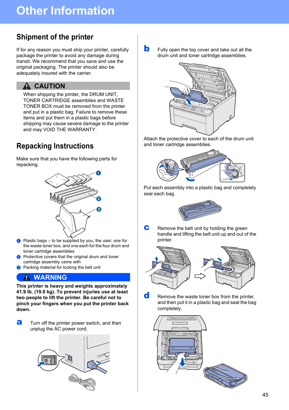 Shipment of the printer, Repacking instructions, Other information | Caution, Warning | Brother HL 3070CW User Manual | Page 45 / 50