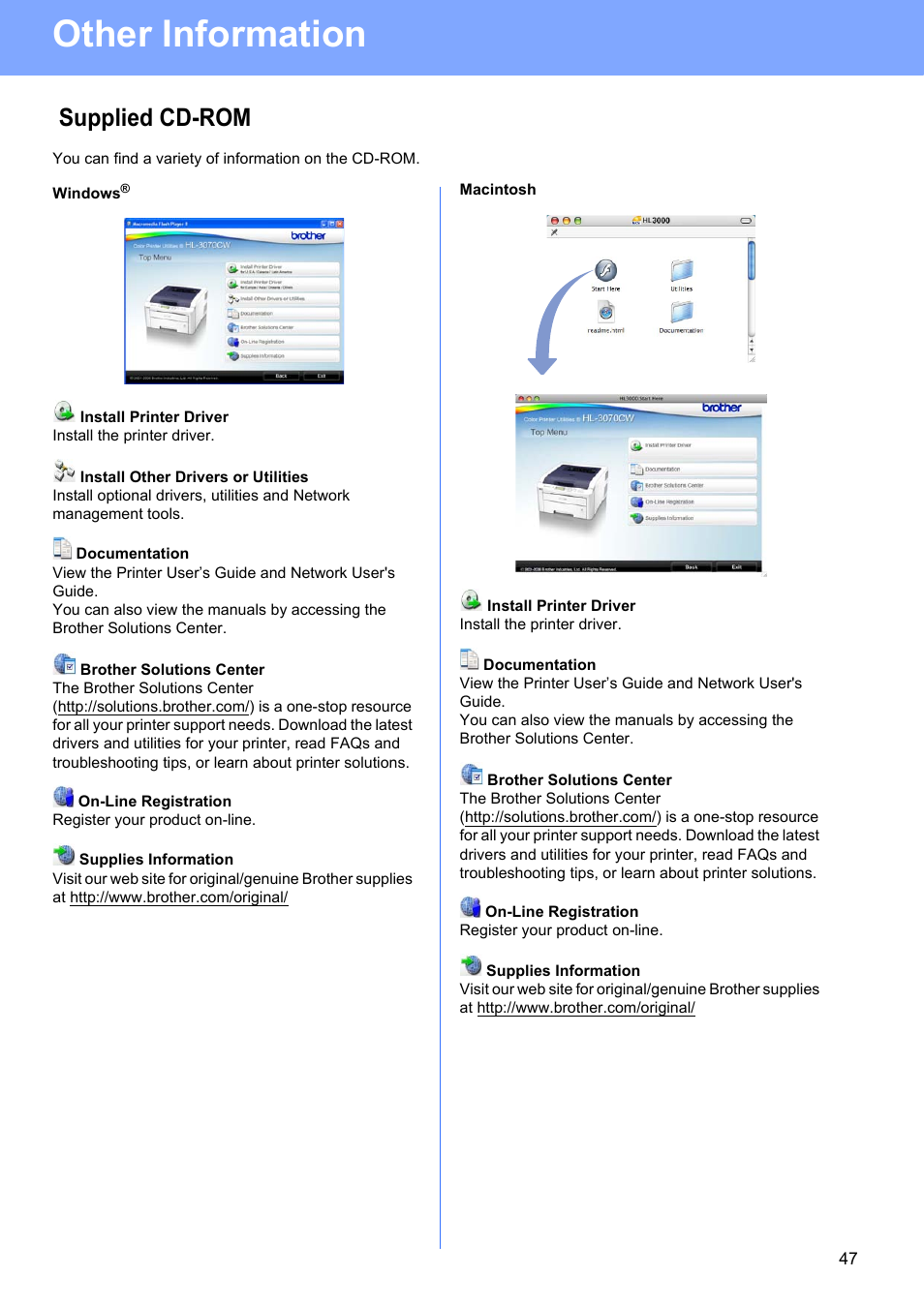 Supplied cd-rom, Other information | Brother HL 3070CW User Manual | Page 47 / 50