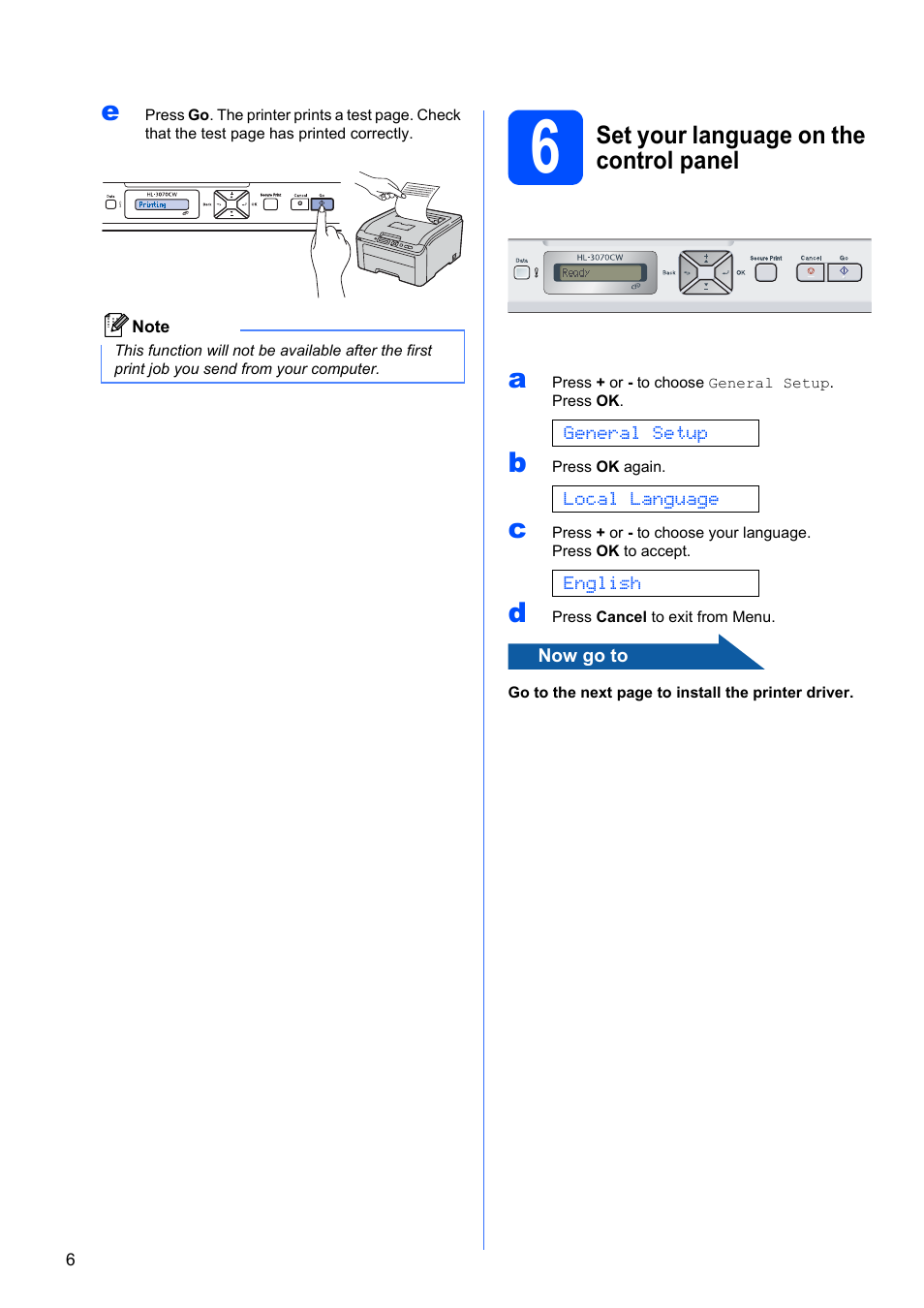 6 set your language on the control panel | Brother HL 3070CW User Manual | Page 6 / 50