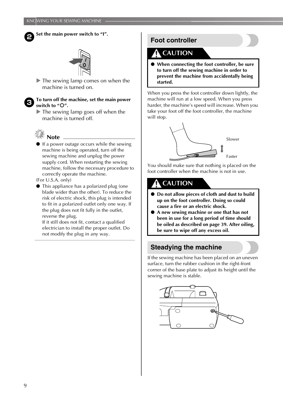 Foot controller, Steadying the machine, Caution | Brother VX3240 User Manual | Page 10 / 96