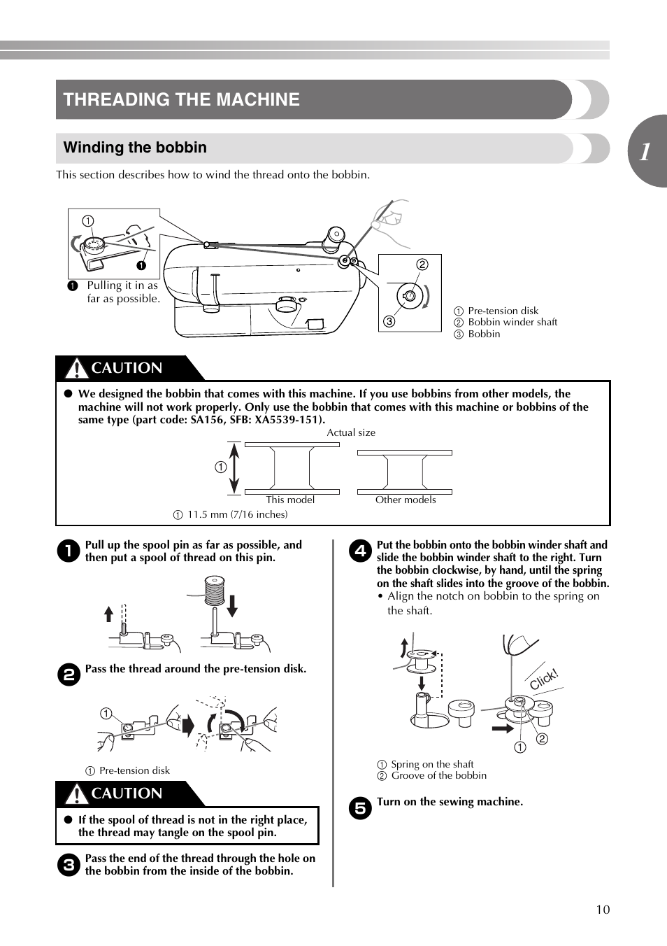 Threading the machine, Winding the bobbin, Caution | Brother VX3240 User Manual | Page 11 / 96