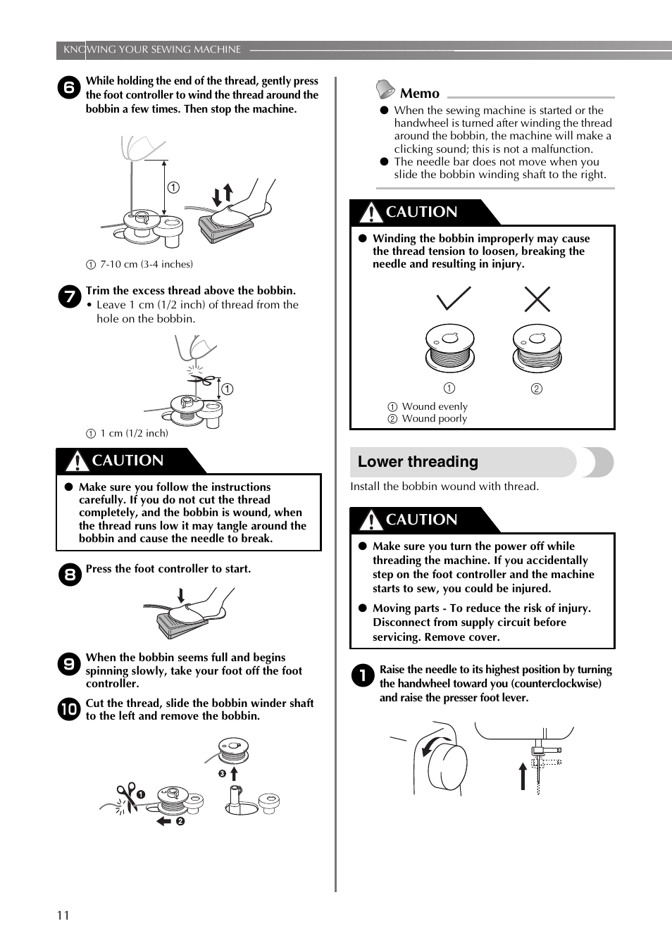 Lower threading, Caution | Brother VX3240 User Manual | Page 12 / 96