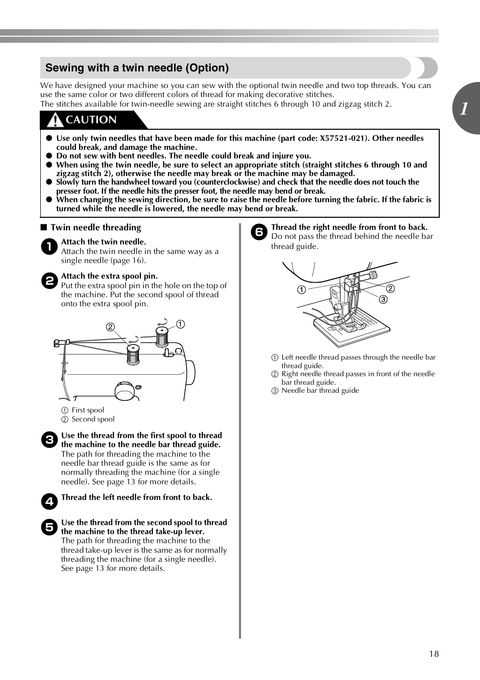 Sewing with a twin needle (option), Caution | Brother VX3240 User Manual | Page 19 / 96