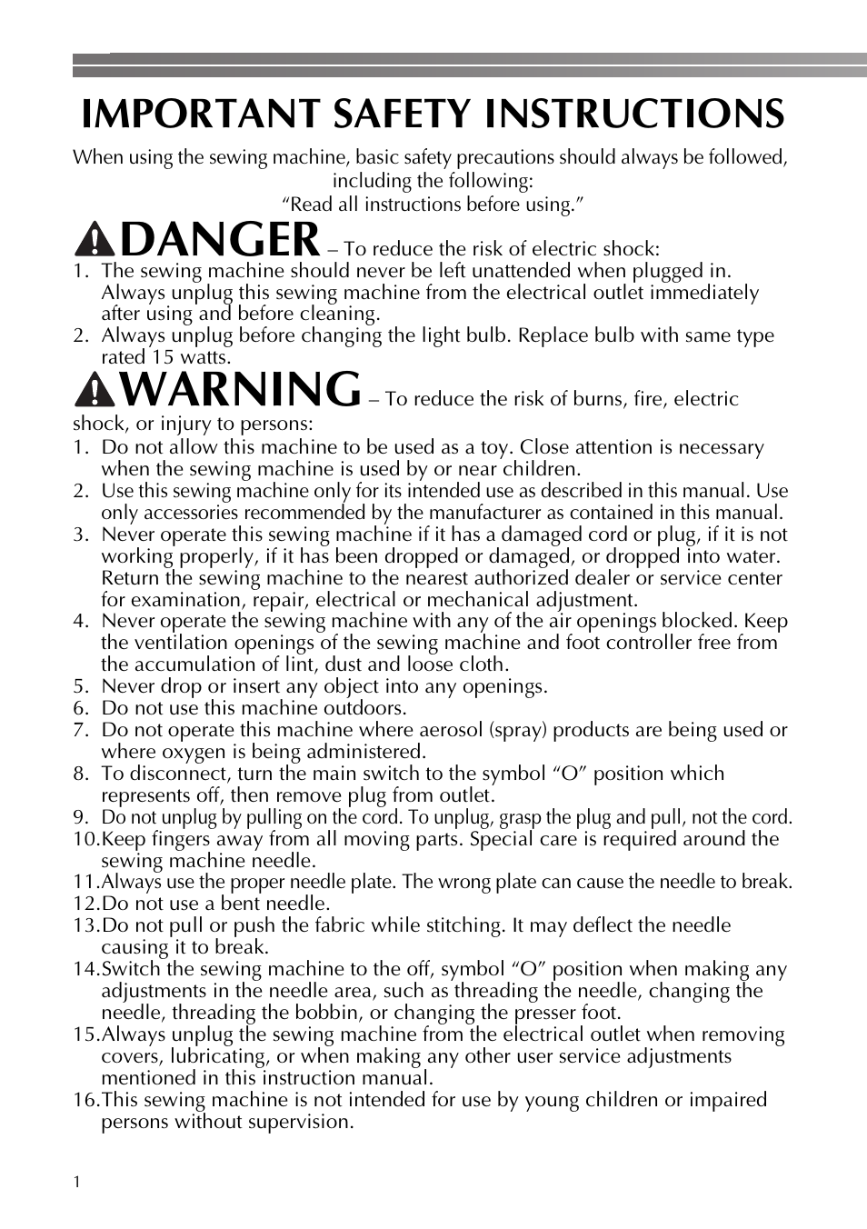 Danger, Warning, Important safety instructions | Brother VX3240 User Manual | Page 2 / 96