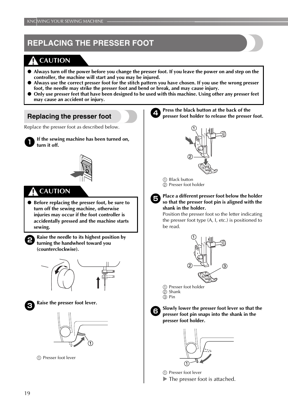 Replacing the presser foot, Caution | Brother VX3240 User Manual | Page 20 / 96