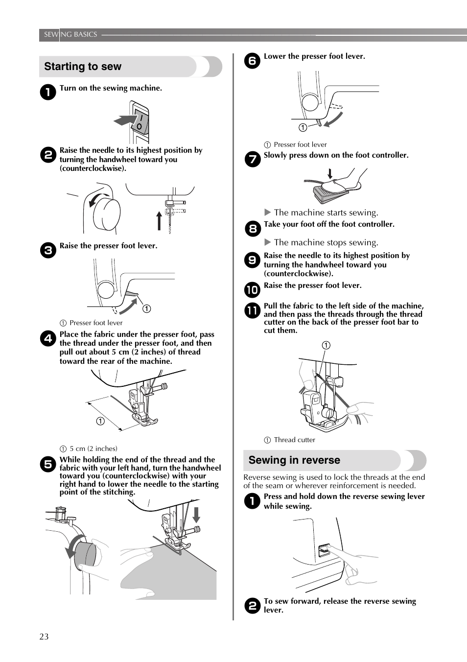 Starting to sew, Sewing in reverse | Brother VX3240 User Manual | Page 24 / 96