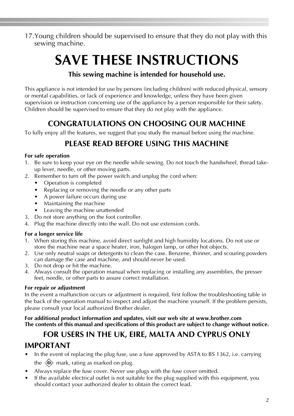 Save these instructions, Please read before using this machine | Brother VX3240 User Manual | Page 3 / 96