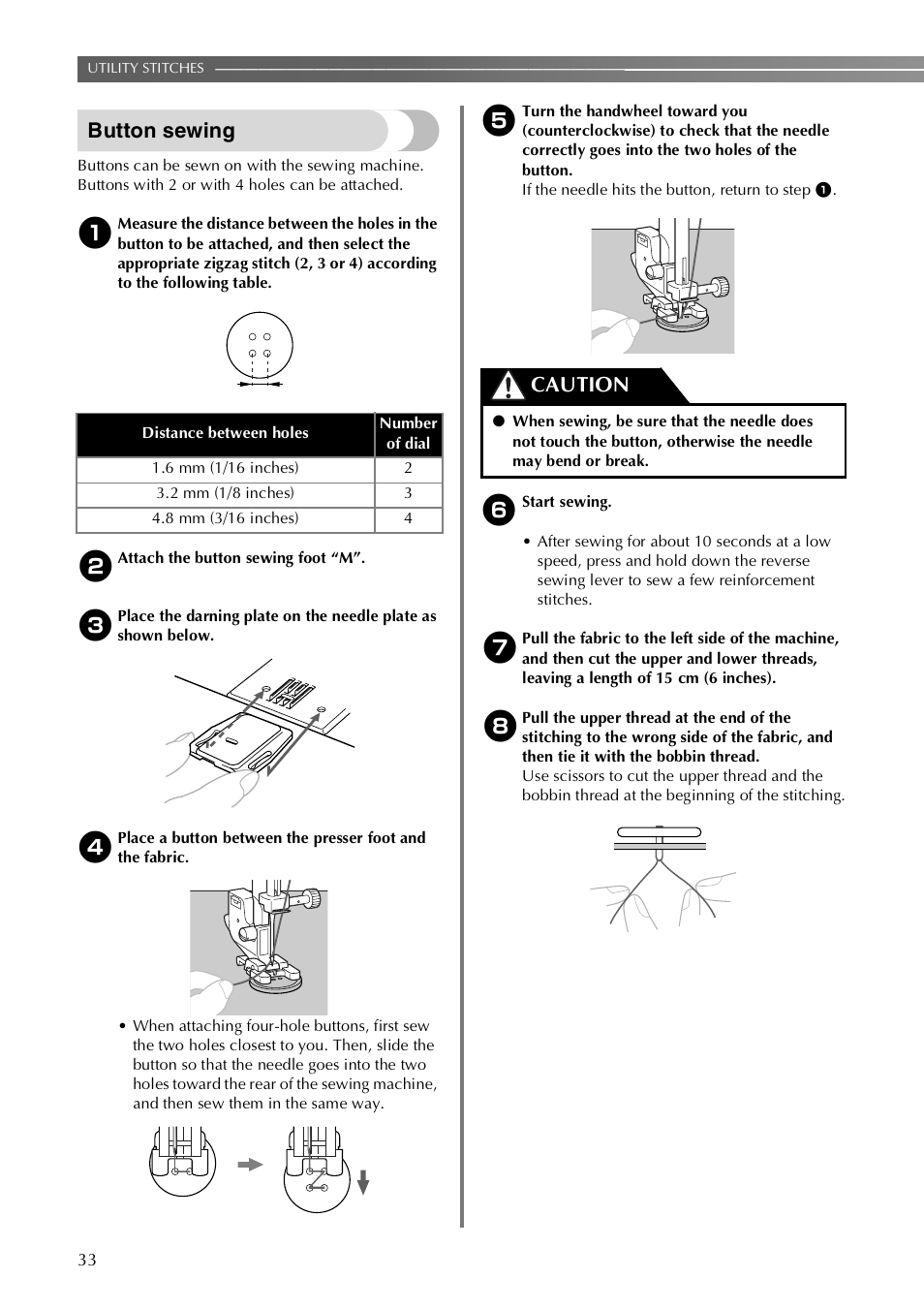 Button sewing, Caution | Brother VX3240 User Manual | Page 34 / 96