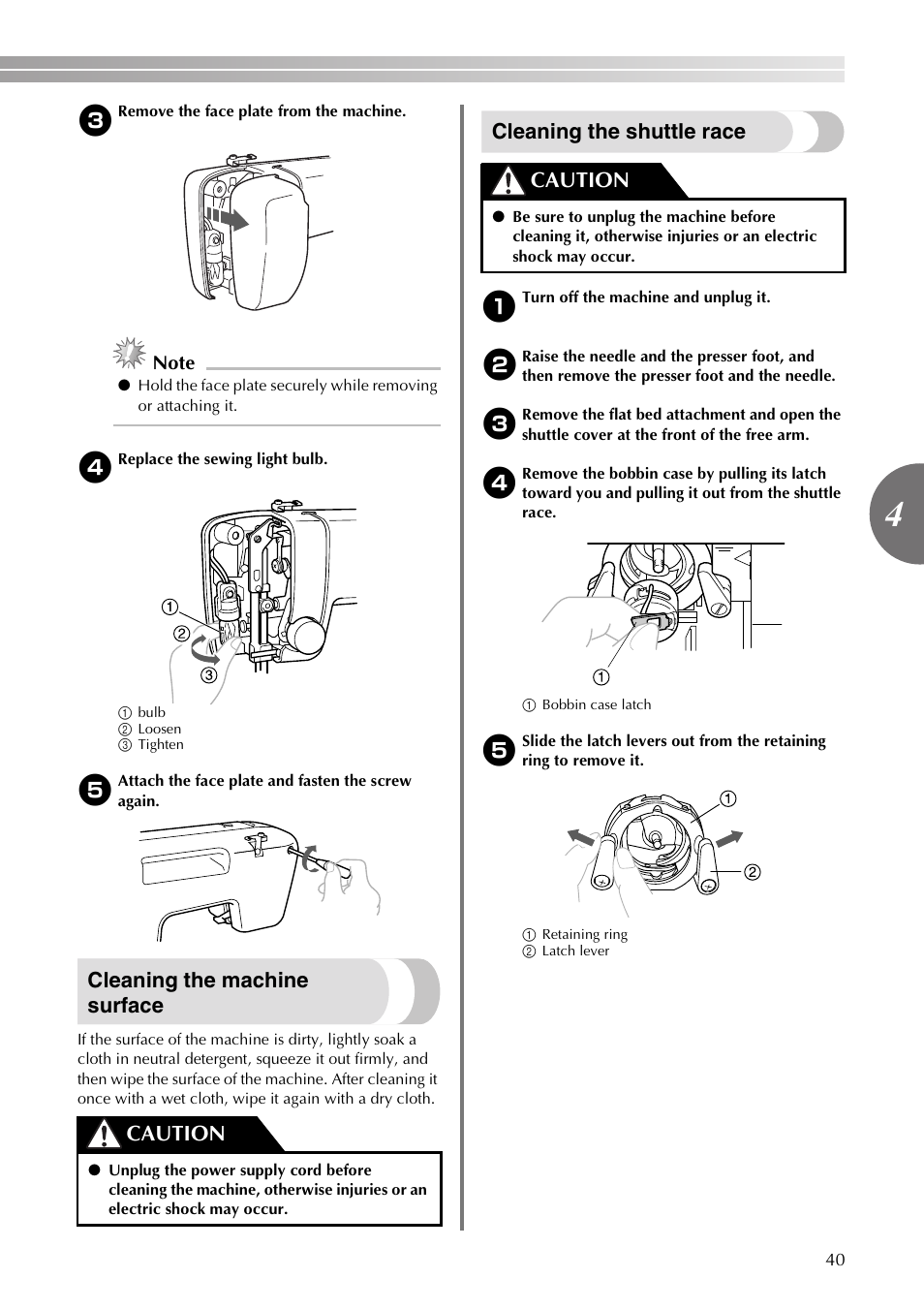 Cleaning the machine surface, Cleaning the shuttle race, Caution | Brother VX3240 User Manual | Page 41 / 96