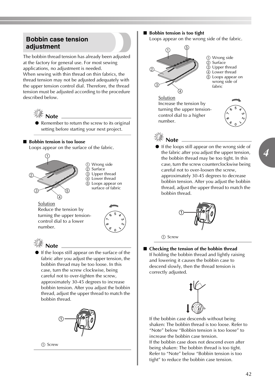 Bobbin case tension adjustment | Brother VX3240 User Manual | Page 43 / 96