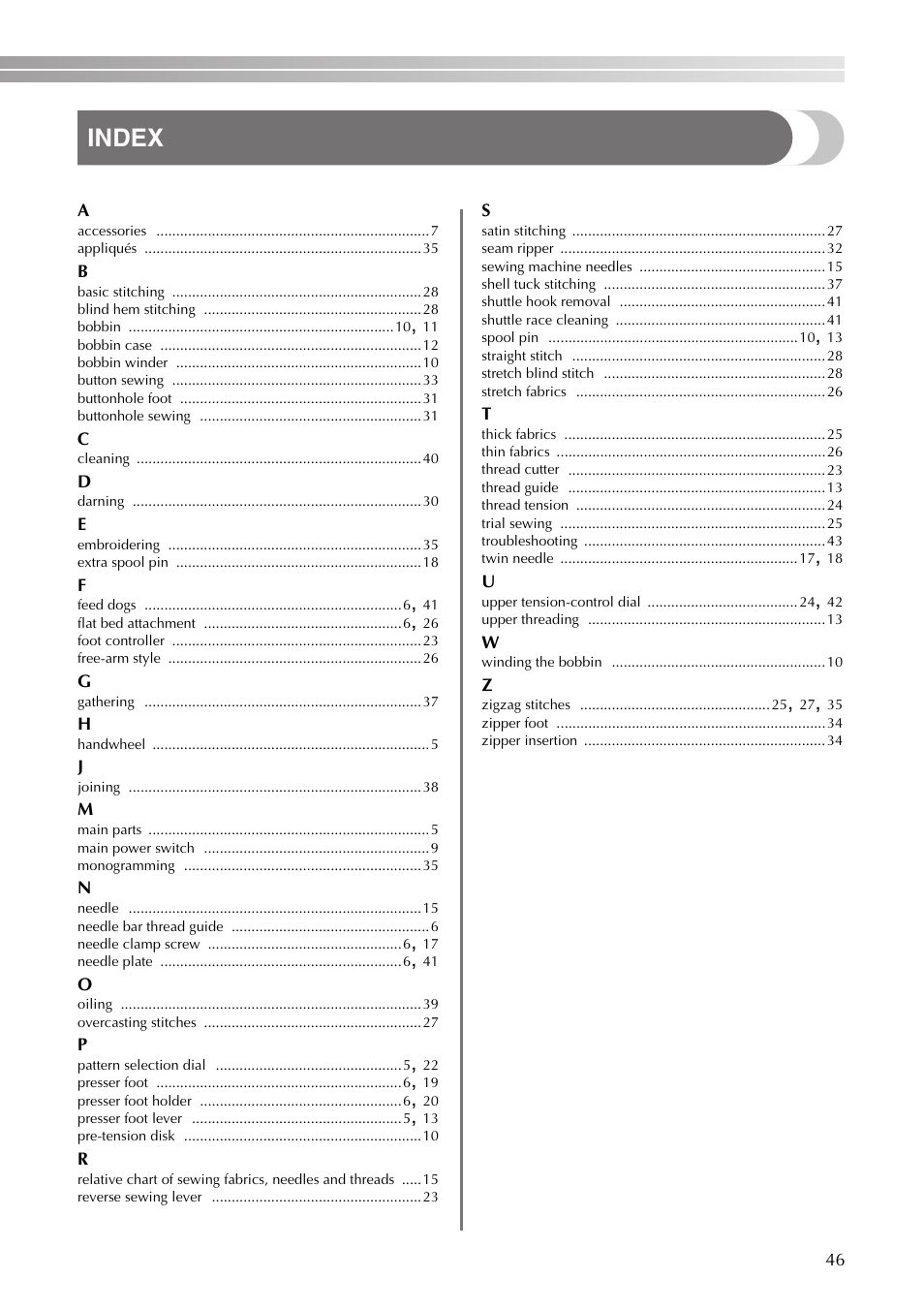 Index | Brother VX3240 User Manual | Page 47 / 96