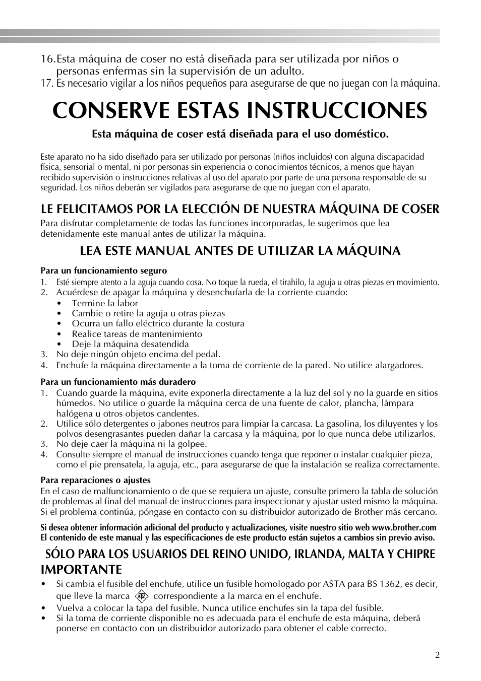 Conserve estas instrucciones, Lea este manual antes de utilizar la máquina | Brother VX3240 User Manual | Page 51 / 96