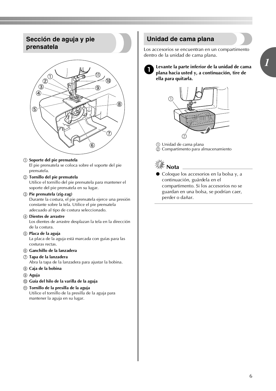 Sección de aguja y pie prensatela, Unidad de cama plana, Nota | Brother VX3240 User Manual | Page 55 / 96
