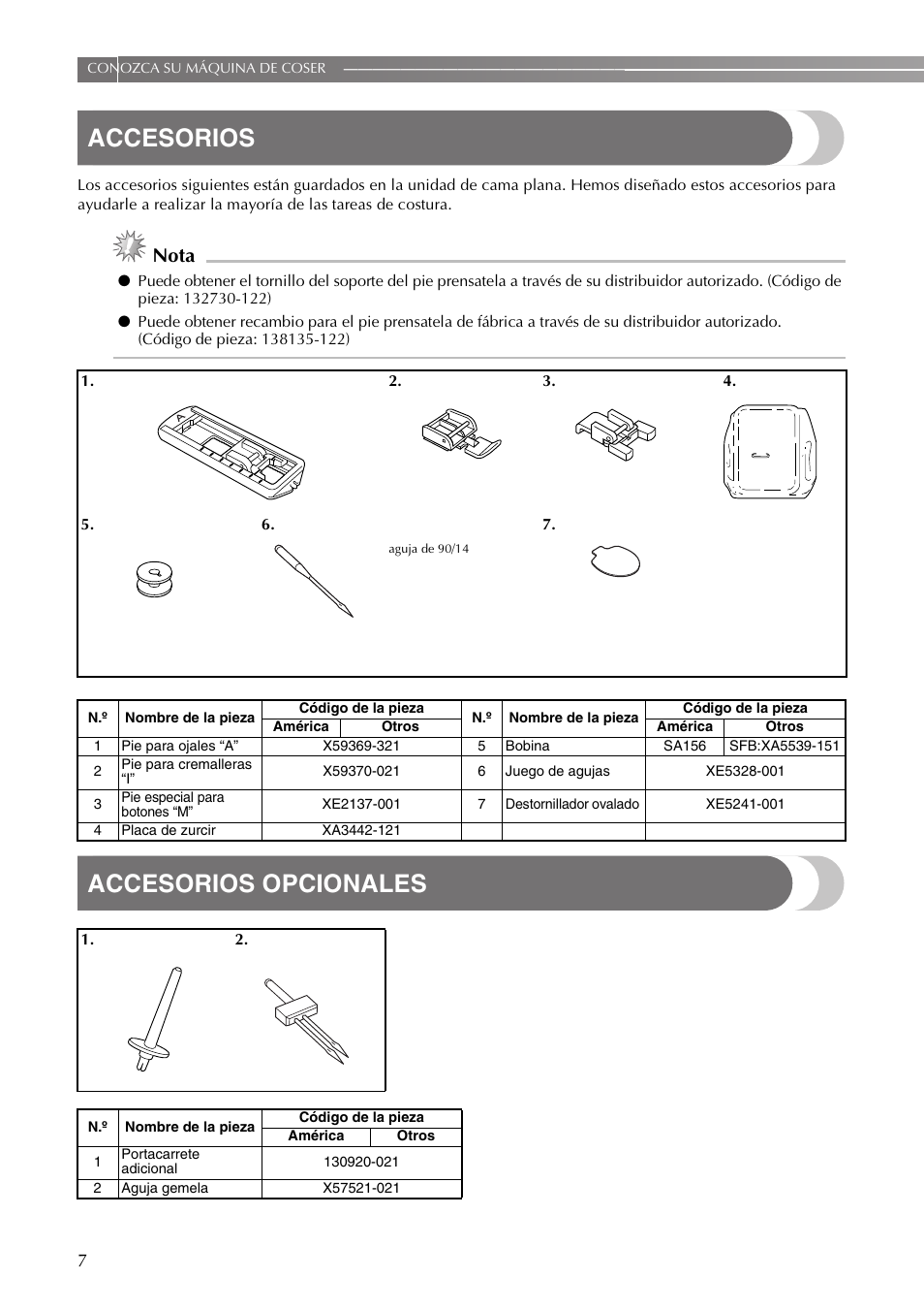 Accesorios, Accesorios opcionales, Nota | Brother VX3240 User Manual | Page 56 / 96