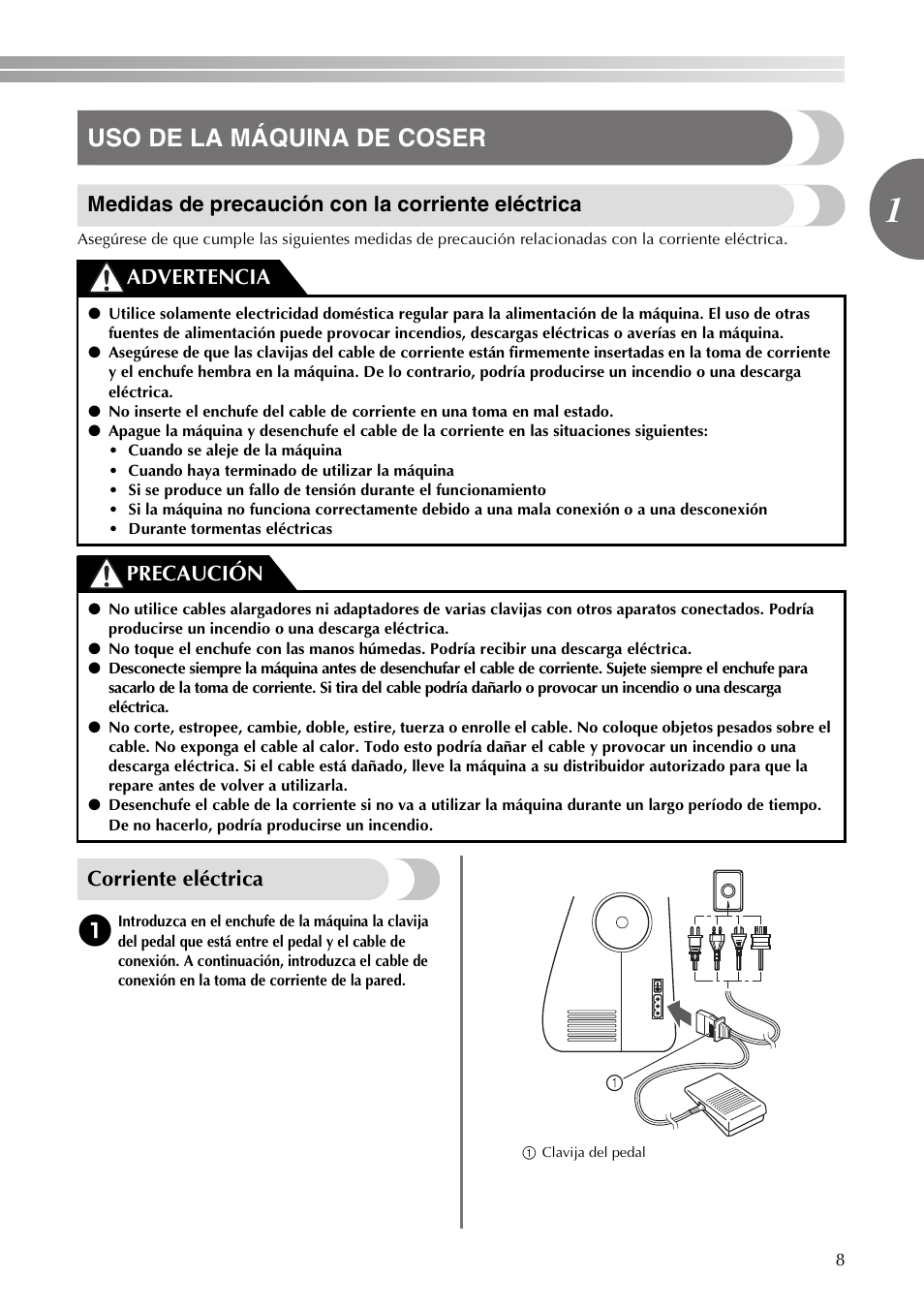 Uso de la máquina de coser, Medidas de precaución con la corriente eléctrica, Corriente eléctrica | Advertencia precaución | Brother VX3240 User Manual | Page 57 / 96