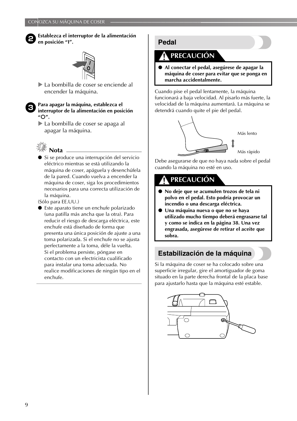Pedal, Estabilización de la máquina, Precaución | Brother VX3240 User Manual | Page 58 / 96
