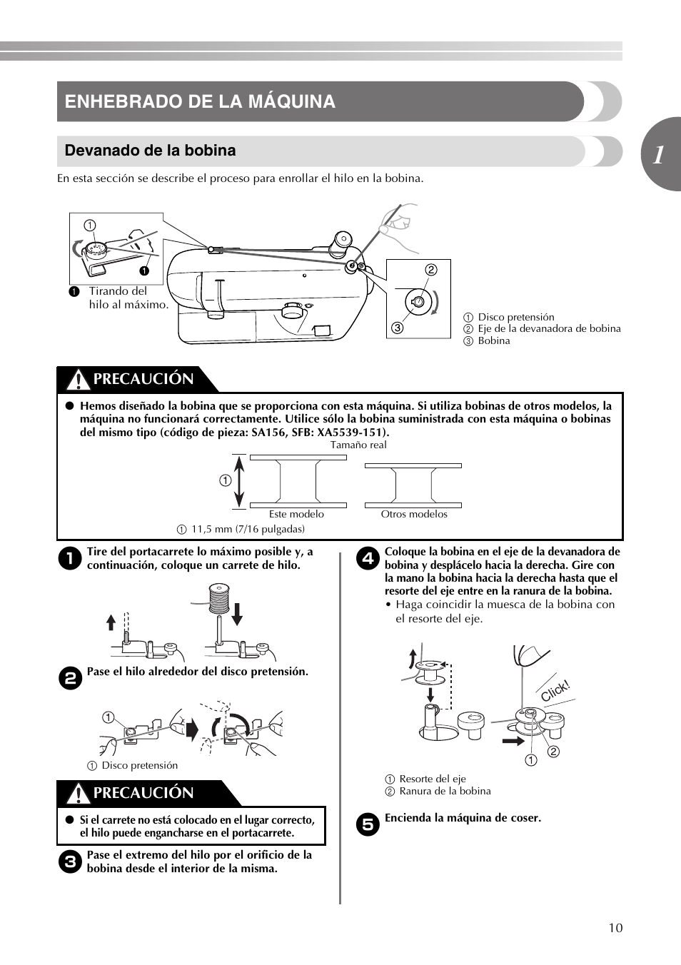 Enhebrado de la máquina, Devanado de la bobina, Precaución | Brother VX3240 User Manual | Page 59 / 96