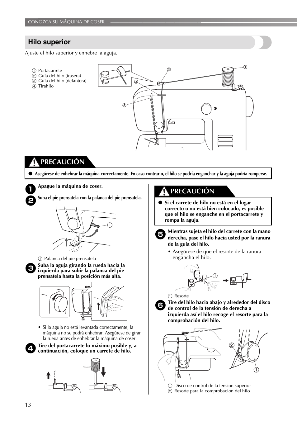 Hilo superior, Precaución | Brother VX3240 User Manual | Page 62 / 96