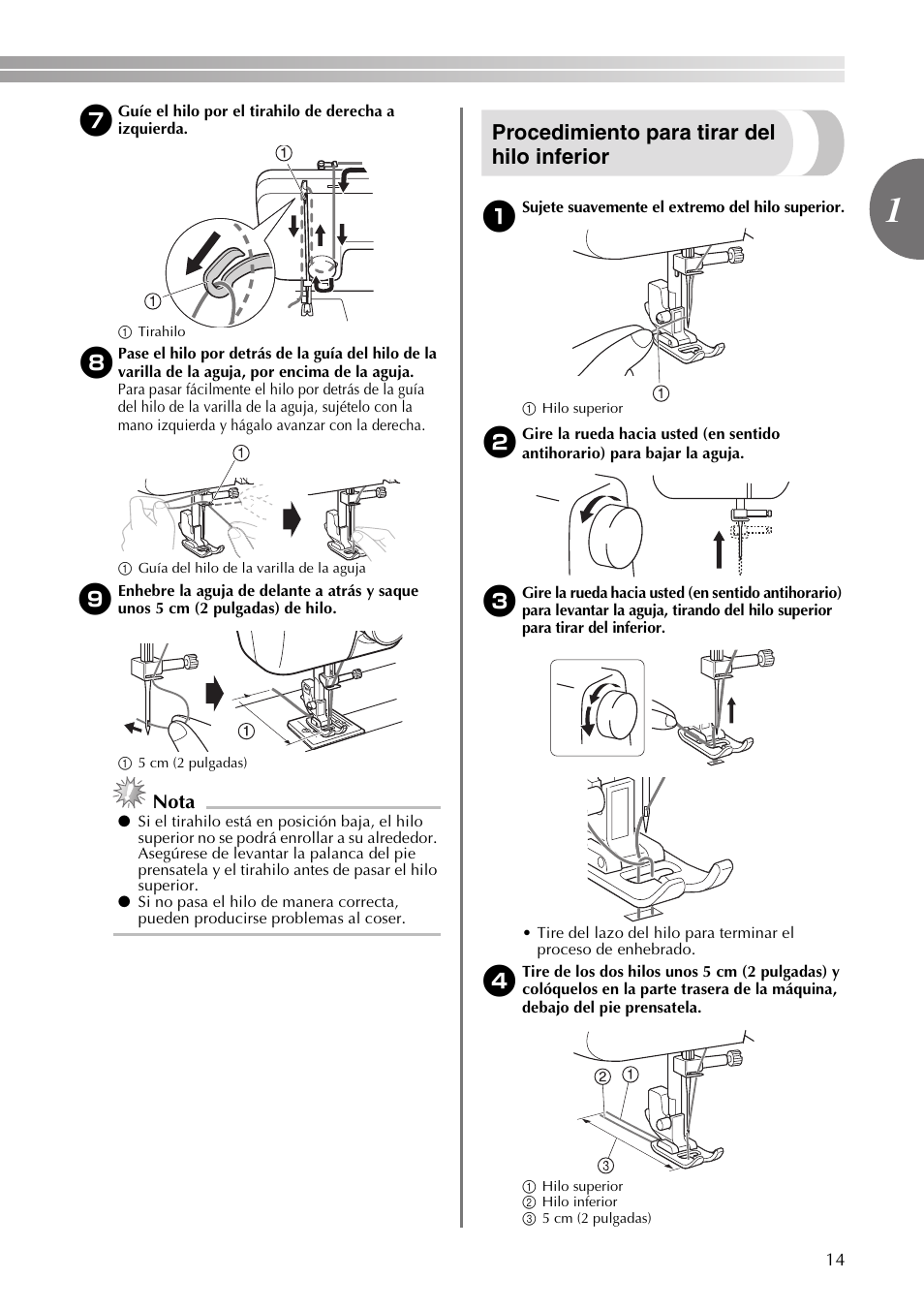 Procedimiento para tirar del hilo inferior, Nota | Brother VX3240 User Manual | Page 63 / 96