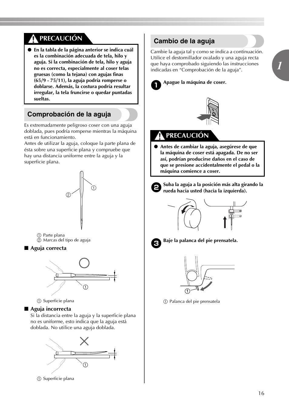 Comprobación de la aguja, Cambio de la aguja, Precaución | Brother VX3240 User Manual | Page 65 / 96