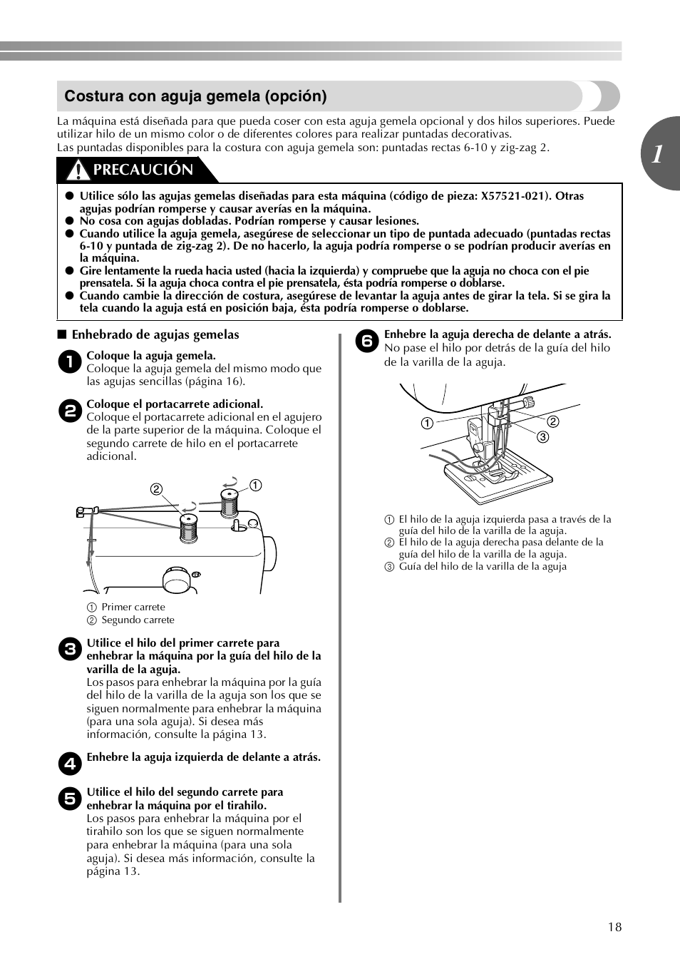 Costura con aguja gemela (opción), Precaución | Brother VX3240 User Manual | Page 67 / 96