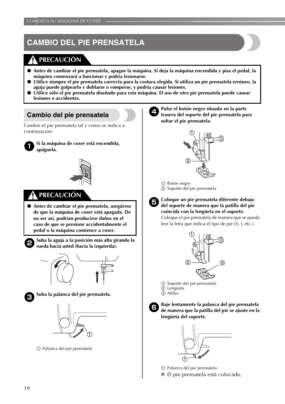 Cambio del pie prensatela, Precaución | Brother VX3240 User Manual | Page 68 / 96