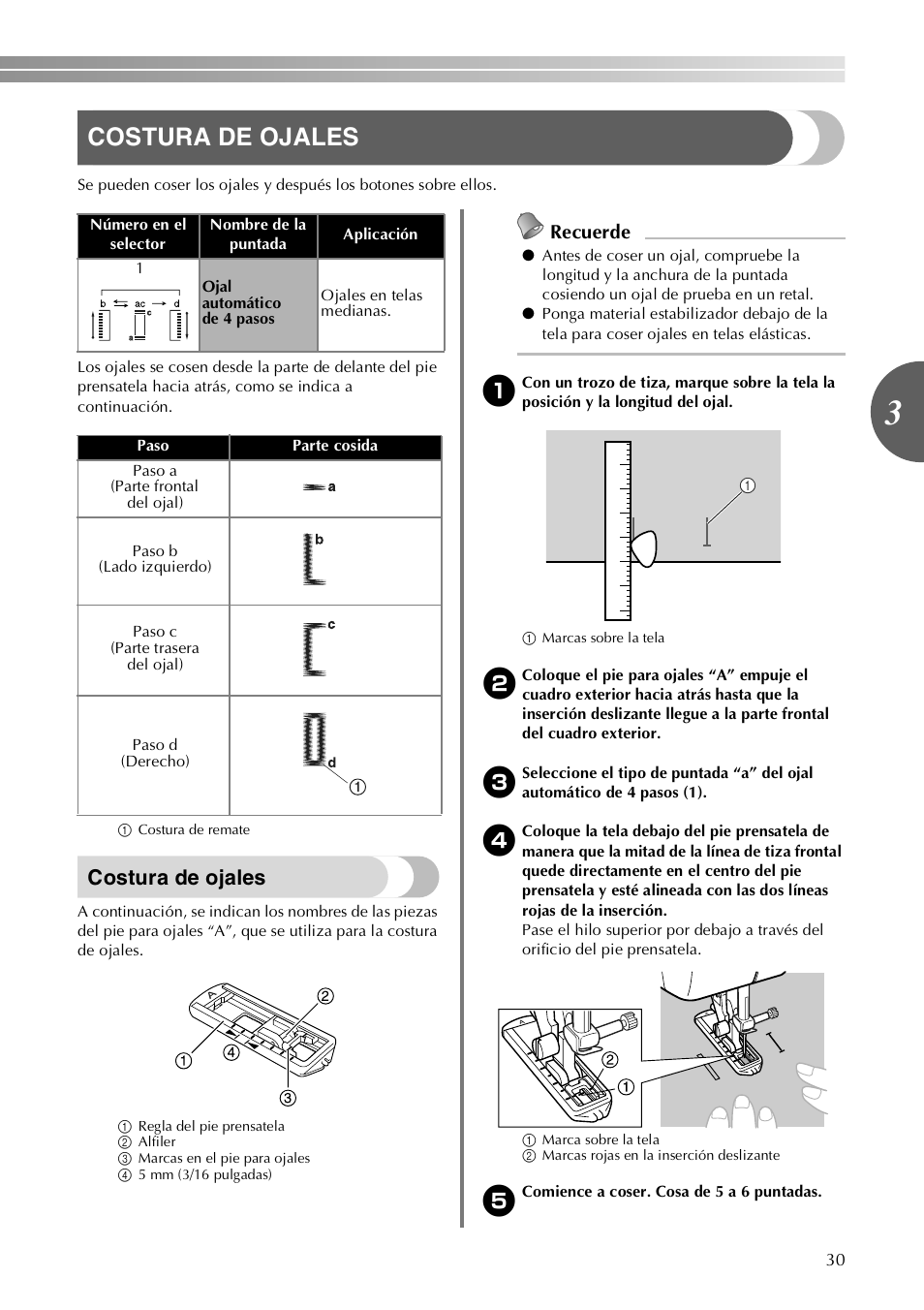 Costura de ojales, Recuerde | Brother VX3240 User Manual | Page 79 / 96