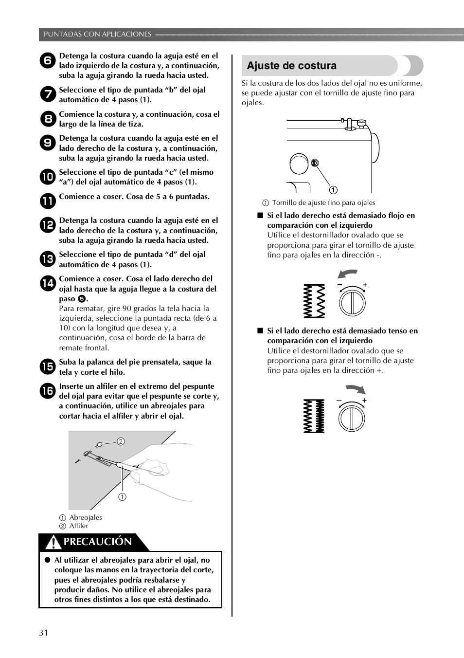 Ajuste de costura, Precaución | Brother VX3240 User Manual | Page 80 / 96
