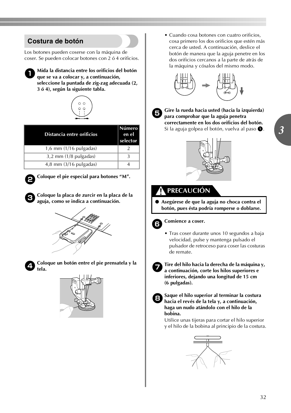 Costura de botón, Precaución | Brother VX3240 User Manual | Page 81 / 96