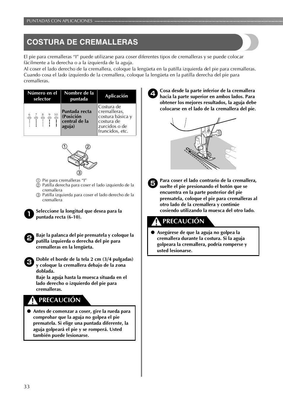 Costura de cremalleras, Precaución | Brother VX3240 User Manual | Page 82 / 96