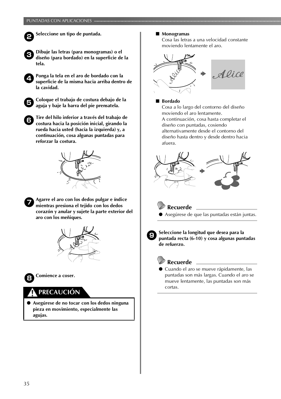 Precaución, Recuerde | Brother VX3240 User Manual | Page 84 / 96