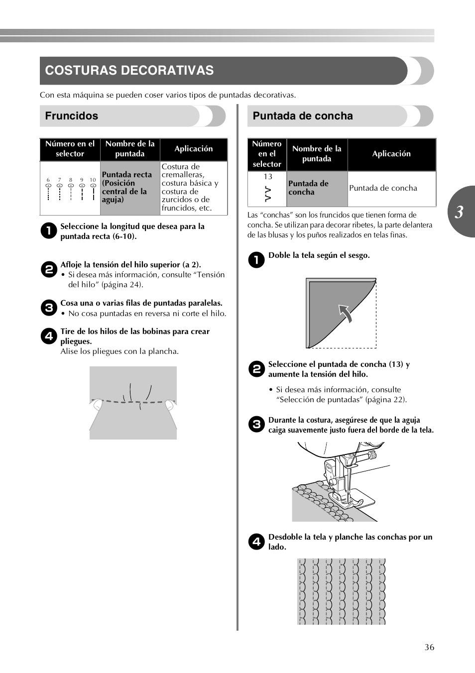 Costuras decorativas, Fruncidos, Puntada de concha | Brother VX3240 User Manual | Page 85 / 96