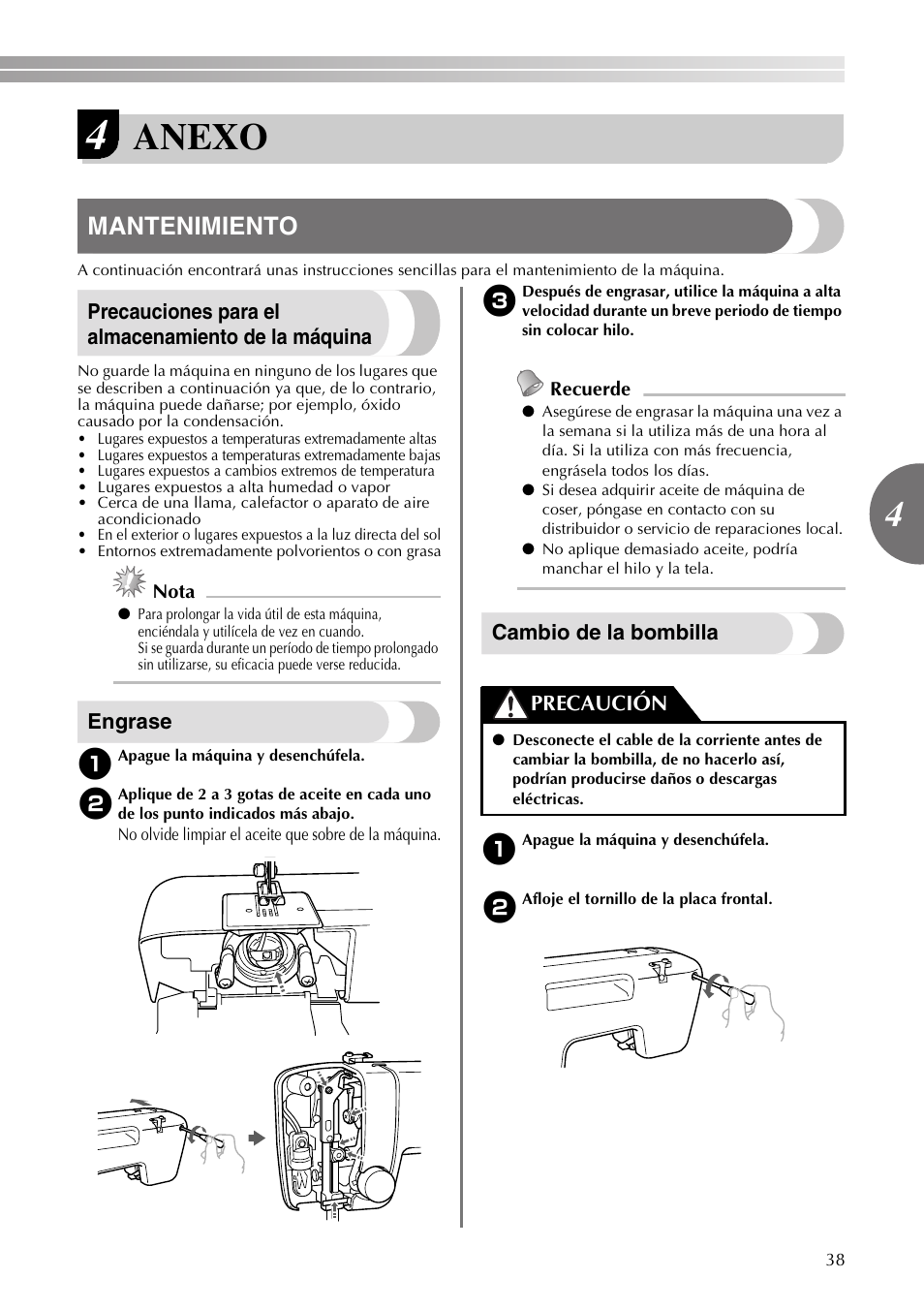 Anexo, Mantenimiento | Brother VX3240 User Manual | Page 87 / 96
