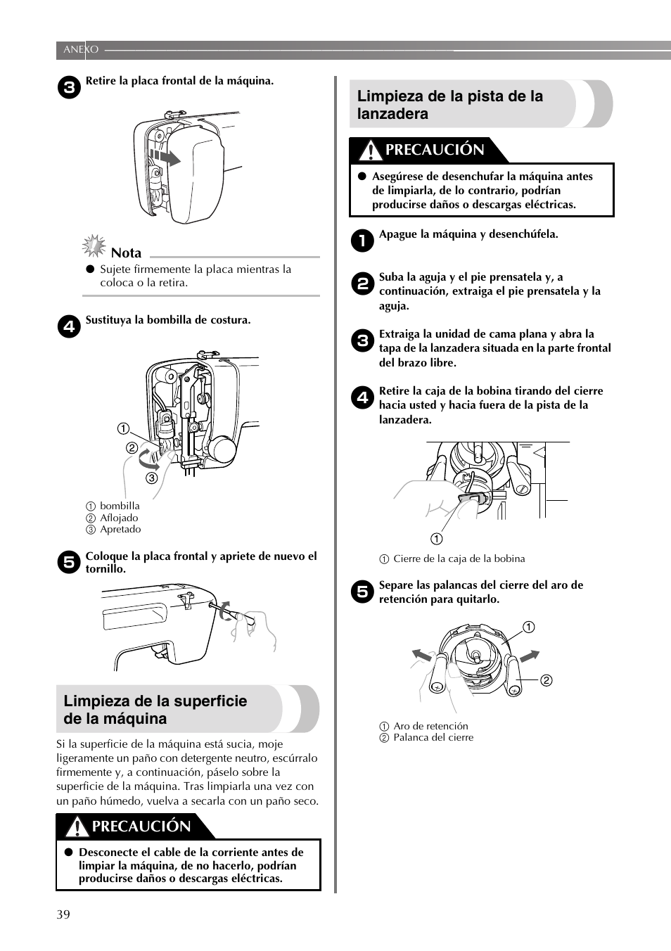 Limpieza de la superficie de la máquina, Limpieza de la pista de la lanzadera, Precaución | Nota | Brother VX3240 User Manual | Page 88 / 96
