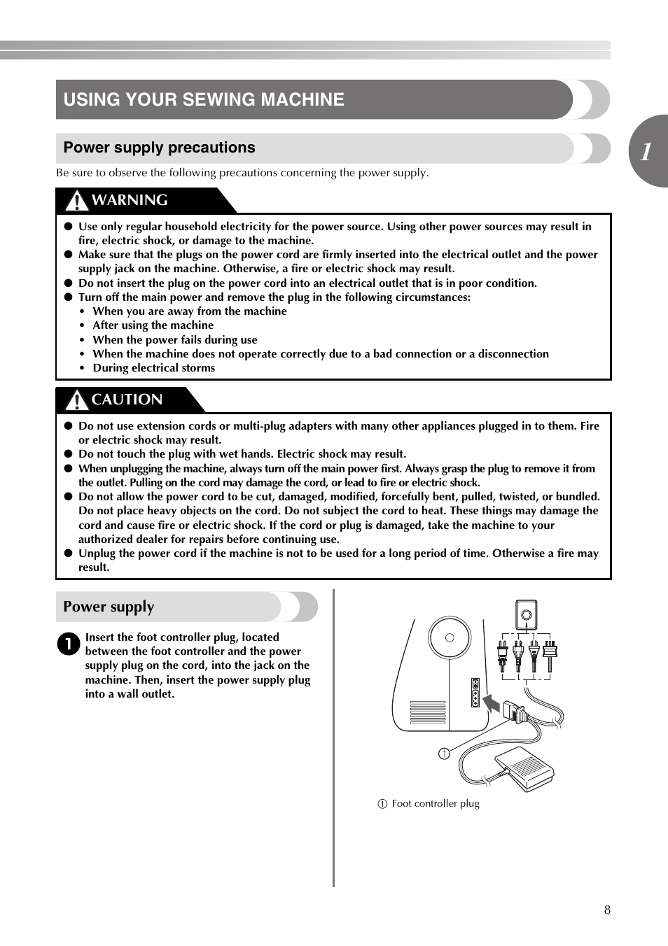 Using your sewing machine, Power supply precautions, Power supply | Warning caution | Brother VX3240 User Manual | Page 9 / 96