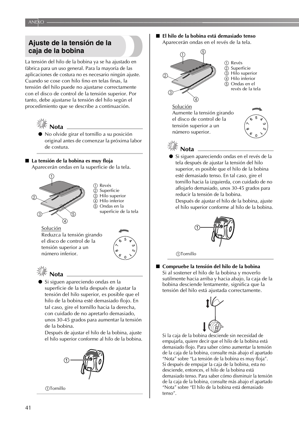 Ajuste de la tensión de la caja de la bobina, Nota | Brother VX3240 User Manual | Page 90 / 96